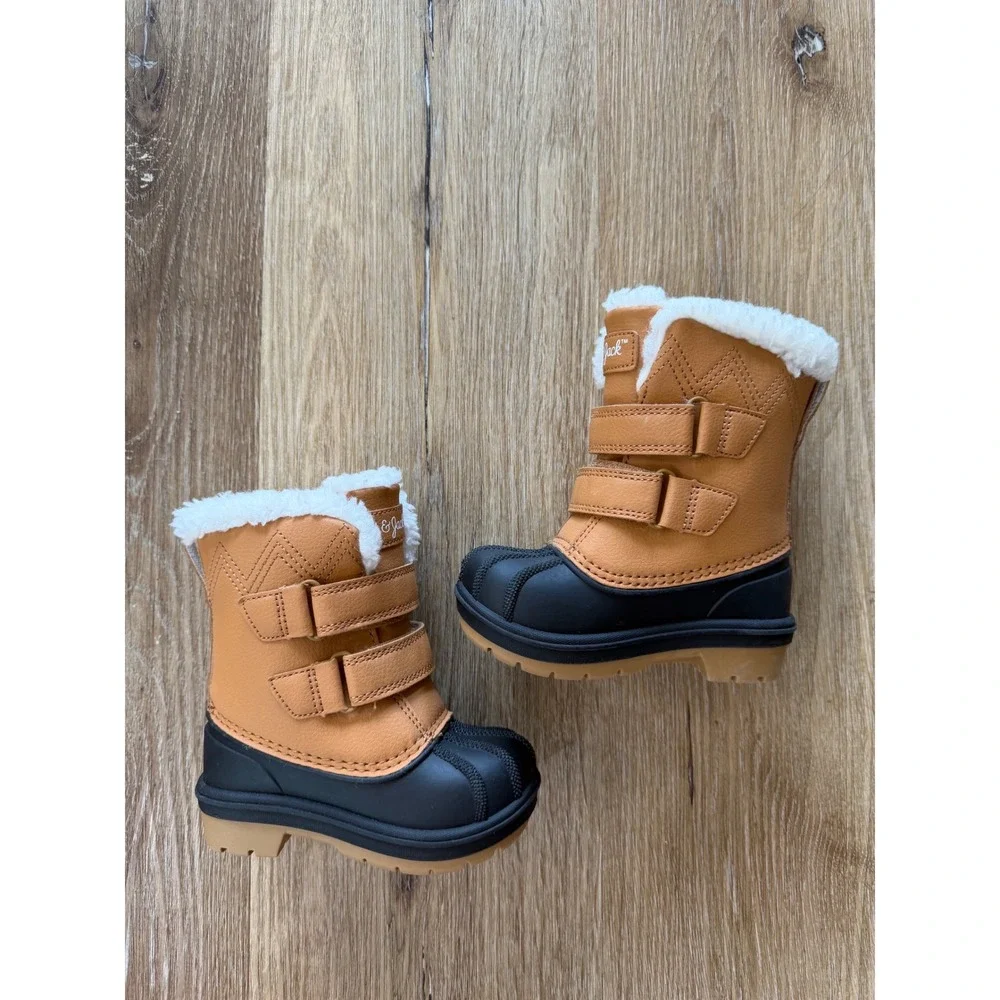 Cat & Jack Winter Duck Boots Toddler 5 Tan Black Faux Shearling Hook Loop Straps